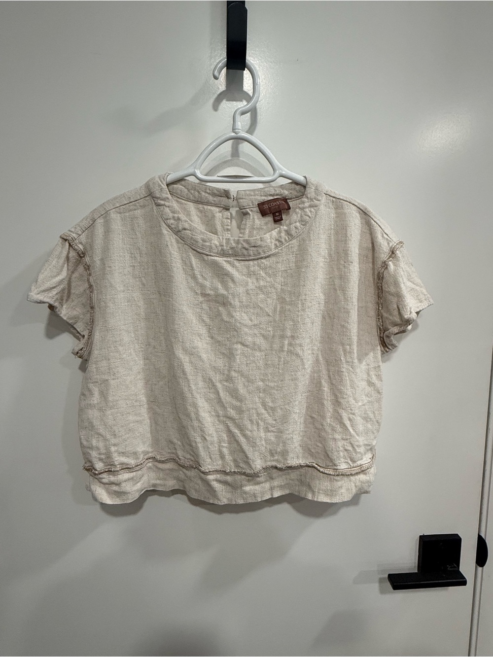 33 Coastal Beige Linen Blend Woven Round Neck Raw Hem Short Sleeve Top M